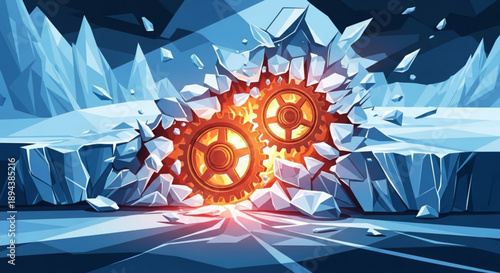 Glowing orange gears breaking through icy barrier with sharp blue icebergs and dark background