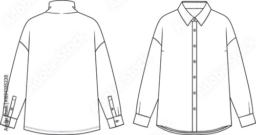 Front and back view technical fashion illustration of long sleeve button up shirt with collar cuffs seams line art apparel design template isolated on white background
