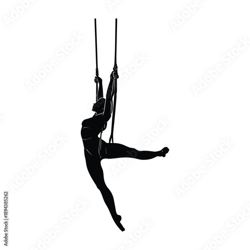 Female trapeze artist performing aerial pose