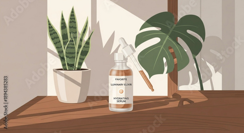 Spray bottle with white label on wooden table next to potted snake plant and monstera leaf