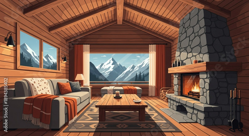 Cozy mountain cabin living room with fireplace and snowy view through large window