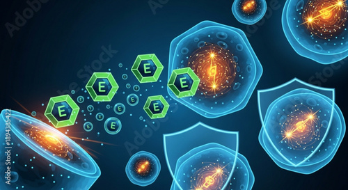 Glowing blue cells with orange centers and green vitamin e molecules on dark background abstract science concept