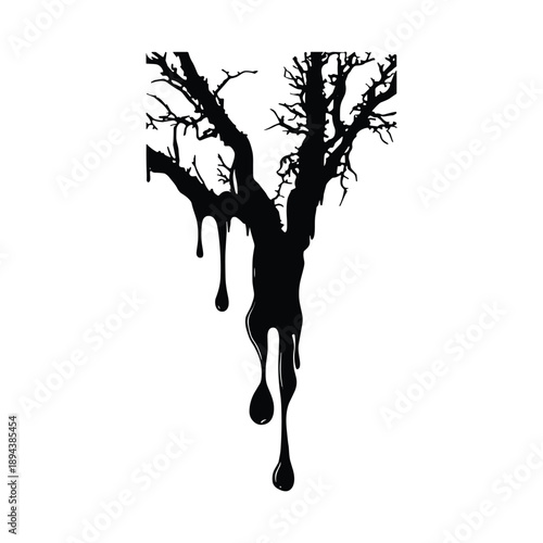 Dripping black silhouette of bare tree