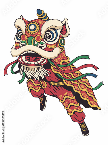 Illustration of a traditional Chinese lion dance performance