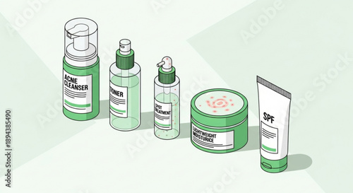 Green skincare products line including cleanser serum cream and sunscreen on a light green background