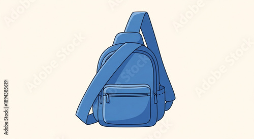 Blue sling bag with adjustable strap and front pocket on cream background