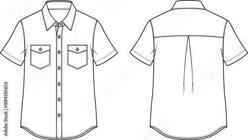 Front and back view technical fashion illustration of short sleeve button up shirt with chest pockets collar seams line art apparel design template