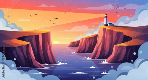 Lighthouse on rugged cliffs overlooking ocean at sunset with birds flying warm colorful sky