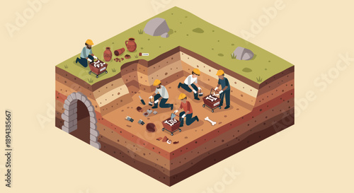 Archaeological Dig Site with Workers Uncovering Ancient Artifacts.