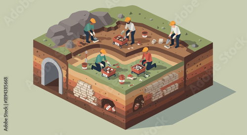 Archaeological Dig Site with Workers Unearthing Artifacts.