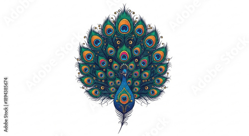 Vibrant peacock tail feathers display colorful plumage pattern on white background
