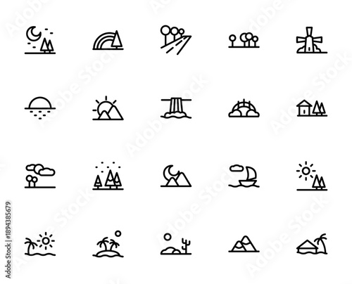 Landscapes icon set. Nature vector collection. Includes night, rainbow, ocean, waterfall, mountains, desert, beach, sunny day and more. Editable illustrations.