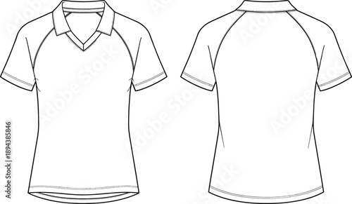 Front and back view technical fashion illustration of short sleeve V neck polo shirt with raglan seams line art apparel design template on white background