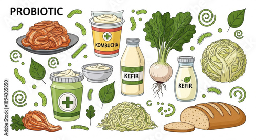 Probiotic foods and drinks for gut health benefits concept with kefir kimchi vegetables and supplements