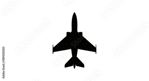 Black silhouette of a fighter jet flying overhead against a white background.