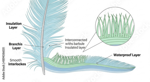 Detailed illustration of a feather's structure showing insulation branchis smooth interlockes and waterproof layers