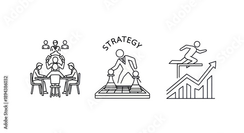 Business strategy and planning icons showing teamwork and growth.