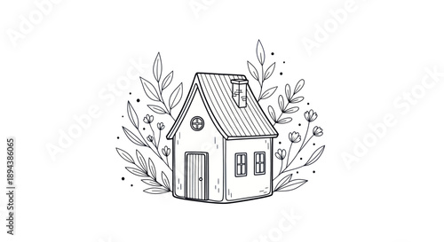 Charming Hand-Drawn Cottage with Floral Accents.
