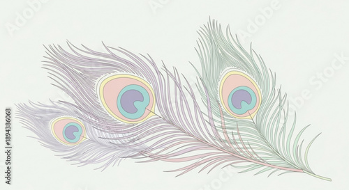 Vibrant peacock feathers with colorful eyespots on light background illustration