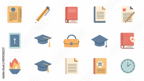 Education Icons Featuring Books and Graduation Caps.