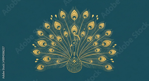 Golden peacock with spread plumage on dark teal background for luxury design