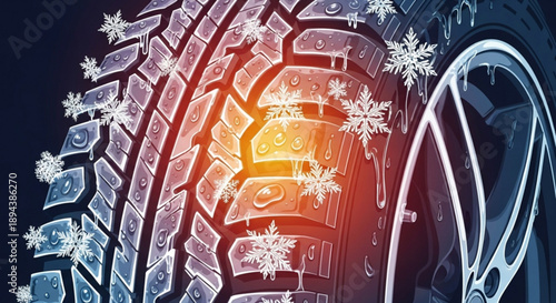 Winter tire with snowflakes on tread glowing warmly in dark icy road conditions close up