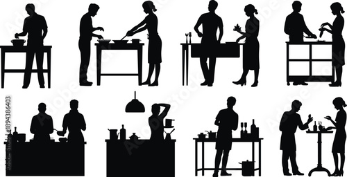 Silhouette collection of people cooking and working in kitchen environments, illustrating food preparation, culinary teamwork, home cooking, and professional chef activities