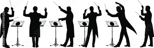 Silhouette collection of orchestra conductors using batons and music stands, symbolizing classical music direction, performance leadership, rhythm, and concert conducting