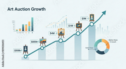 Art auction growth graph with increasing sales trend and rising art pieces on easels