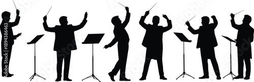 Silhouettes of orchestra conductors leading musicians with batons, illustrating classical music performance, leadership, rhythm, and professional conducting gestures
