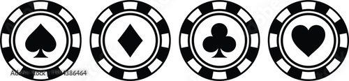 Casino poker chip icons set featuring playing card suits spade diamond club heart gambling symbols vector