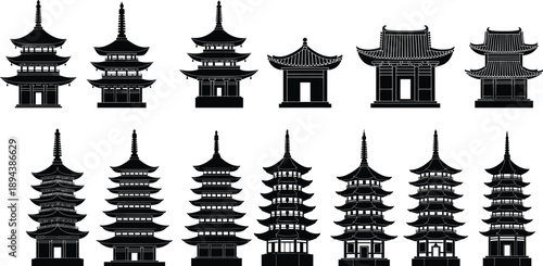 Asian pagoda temple silhouette set featuring traditional Japanese and Chinese architecture, black vector landmarks collection for travel design, cultural logos, 