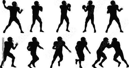 American football player silhouettes set showing quarterback passing running catching tackling poses isolated on white background for sports training design concepts marketing use