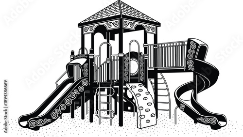 Black and white playground equipment illustration showing slides ladders and towers, children park recreation structure isolated on white background, vector style design concept