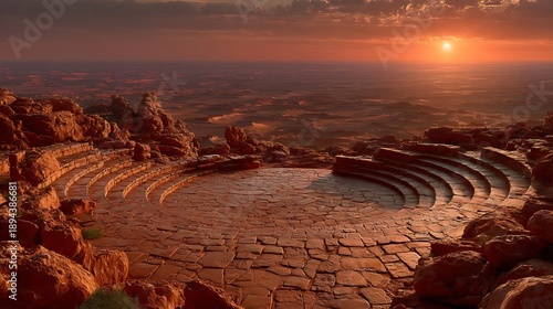 Ancient Amphitheater Under a Dramatic Sunset Sky.