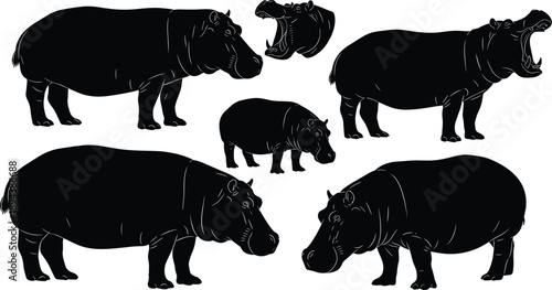 Black hippopotamus silhouette set featuring hippos in different poses, wild African animals, large river mammals, and wildlife illustration isolated on white background