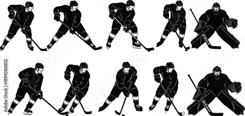 Black silhouette ice hockey players set showing action poses, skating, shooting, defending, and goalie stances, professional winter sport athletes isolated on white background