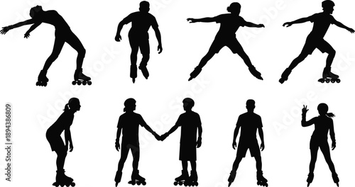 Black silhouette roller skating people set featuring men and women in dynamic poses, recreational inline skating, urban leisure sport figures isolated on white background