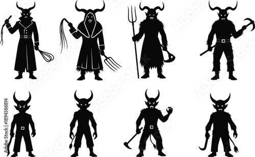 Black silhouette horned demon characters set featuring mythological devils, dark fantasy warriors, evil spirits, folklore monsters, and medieval supernatural figures isolated on white background