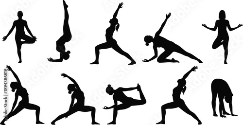 Black yoga poses silhouette set of women performing various asanas isolated on white background, fitness meditation flexibility workout vector illustration collection design graphic