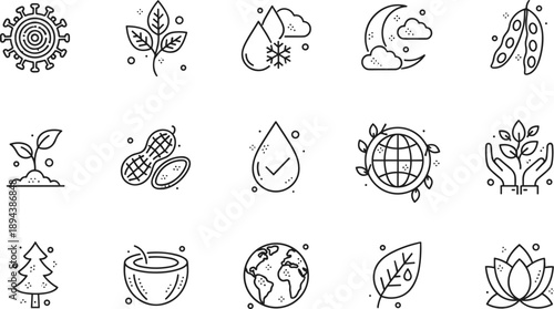 Eco nature sustainability icon set with leaves water earth energy recycling organic symbols for environmental protection vector design