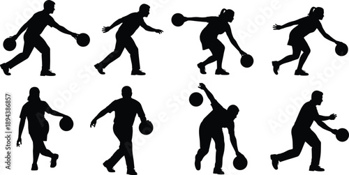 Bowling player silhouette set showing dynamic throwing and approach poses, black athlete illustration collection for sports design, training graphics, tournament posters,