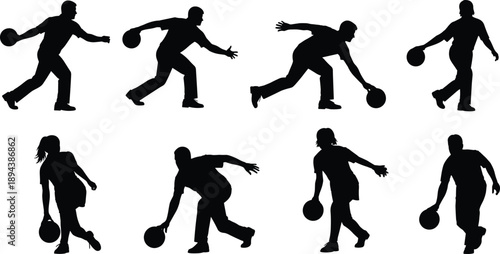 Bowling player silhouette set with dynamic rolling and approach poses, black athlete sports illustration collection for training analysis, tournament graphics, motion design, posters, and branding