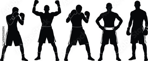 Boxer silhouette set showing fighting stances and victory poses, black boxing athlete illustration collection for sports branding, training materials, fitness graphics, posters