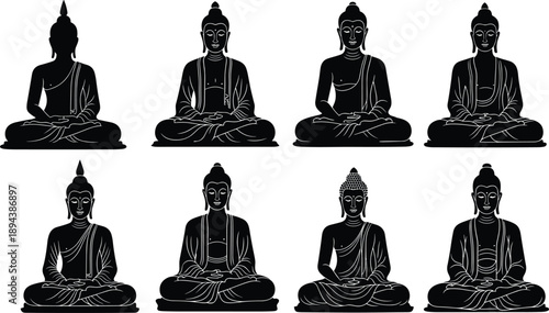 Buddha silhouette illustration set showing seated meditation poses, spiritual Zen concept, mindfulness and Buddhism symbolism, peaceful calm design, black vector collection isolated on white