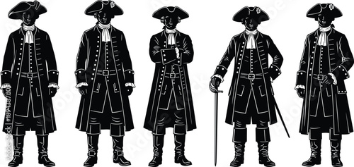 Colonial gentleman silhouette illustration set featuring 18th century aristocratic men in historical costumes with tricorn hats and swords, vintage fashion history concept, black vector collection