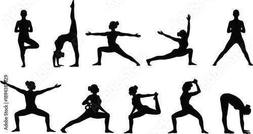 Collection of female yoga silhouettes demonstrating various yoga poses, fitness and wellness concept, isolated black figures practicing stretching, balance, flexibility and mindfulness exercises