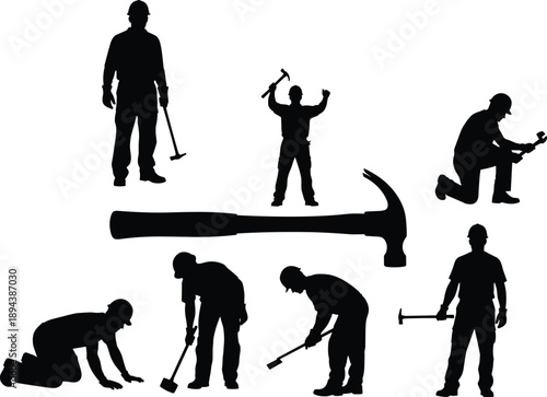 Construction worker silhouette illustration showing laborer using hammer tools, industrial building work poses, repair maintenance, craftsmanship, engineering, 