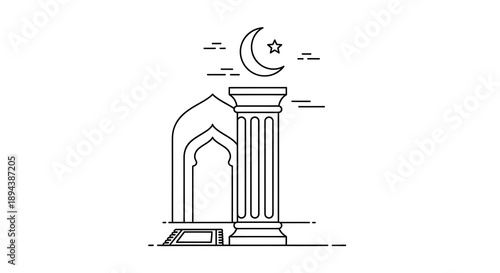 Wallpaper Mural A serene line art illustration of a mosque column and archway under a crescent moon and star symbolizing Islamic culture and spirituality Torontodigital.ca