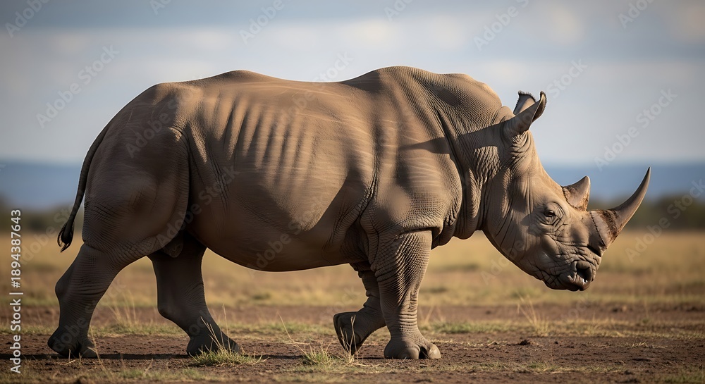 Fototapeta premium A large rhinoceros walks across a dry savannah landscape under a cloudy sky via a photo